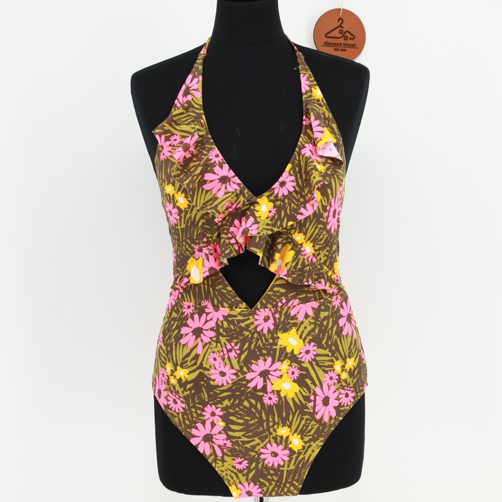 Aerie Retro Floral Ruffle Cutout Halter One Piece Swimsuit Medium Beach Boho